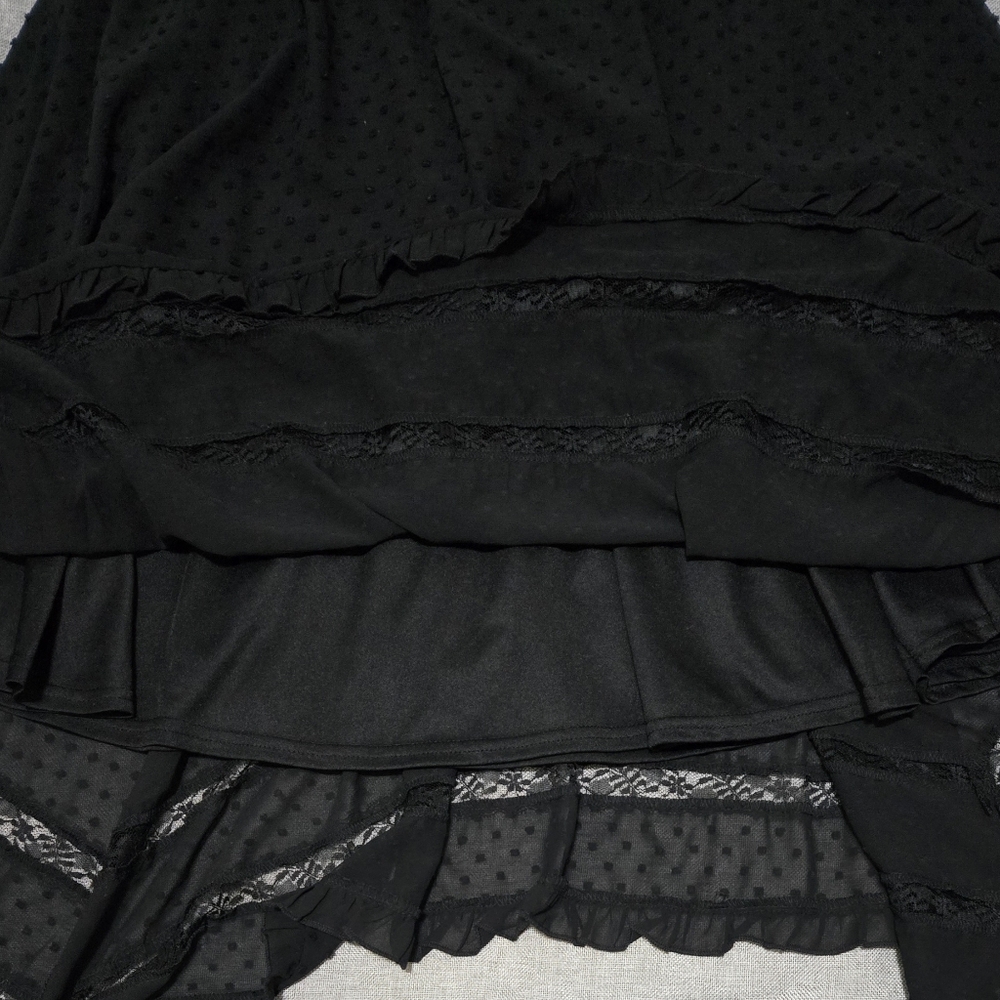 AQUA Black Midi Dress Swiss Dot Lace Inset Handkerchief Hem Tie Waist Small - Picture 14 of 15